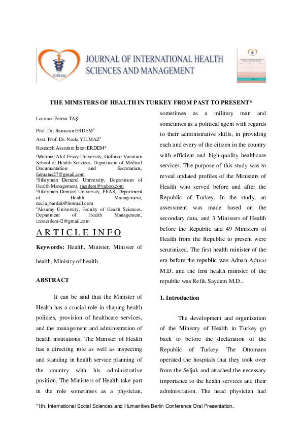 (PDF) The Ministers of Health in Turkey from Past to Present | Ramazan