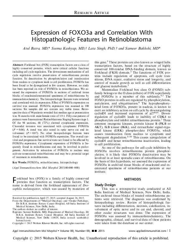 (PDF) Expression of FOXO3a and Correlation With Histopathologic ...