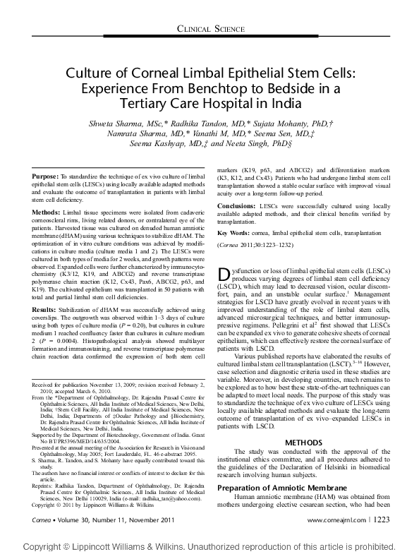 (PDF) Culture of Corneal Limbal Epithelial Stem Cells: Experience From ...