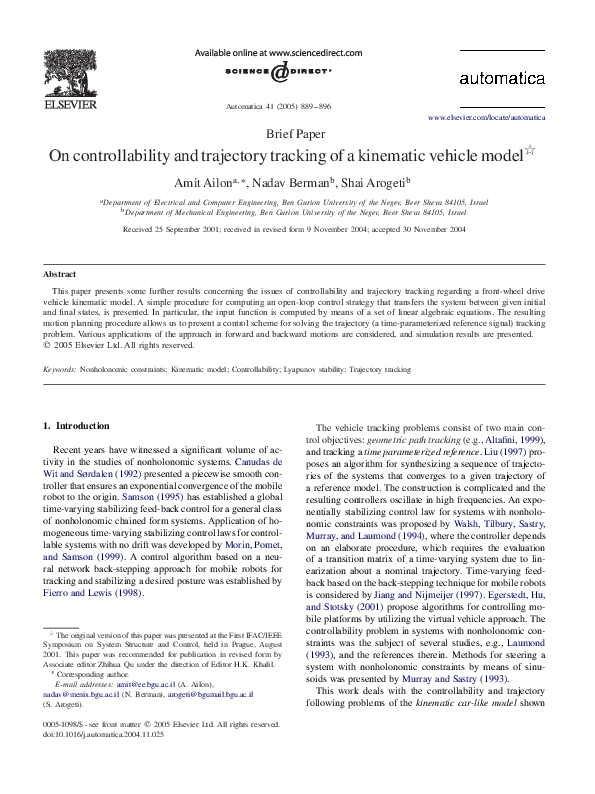 (PDF) On controllability and trajectory tracking of a kinematic vehicle ...