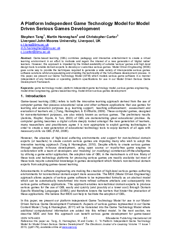 (PDF) A Platform Independent Game Technology Model for Model Driven ...