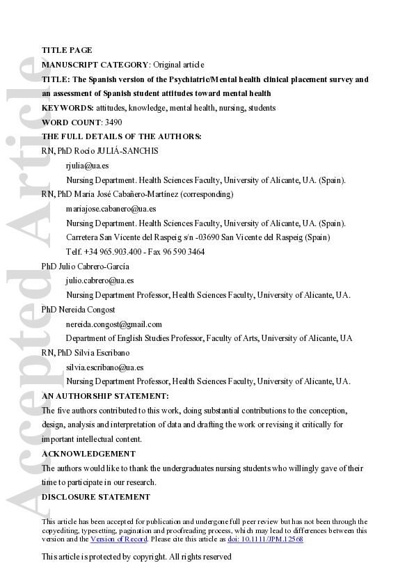 (PDF) The Spanish version of the Psychiatric/Mental health clinical placement survey and an