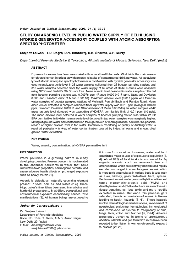 (PDF) Study on arsenic level in public water supply of Delhi using ...