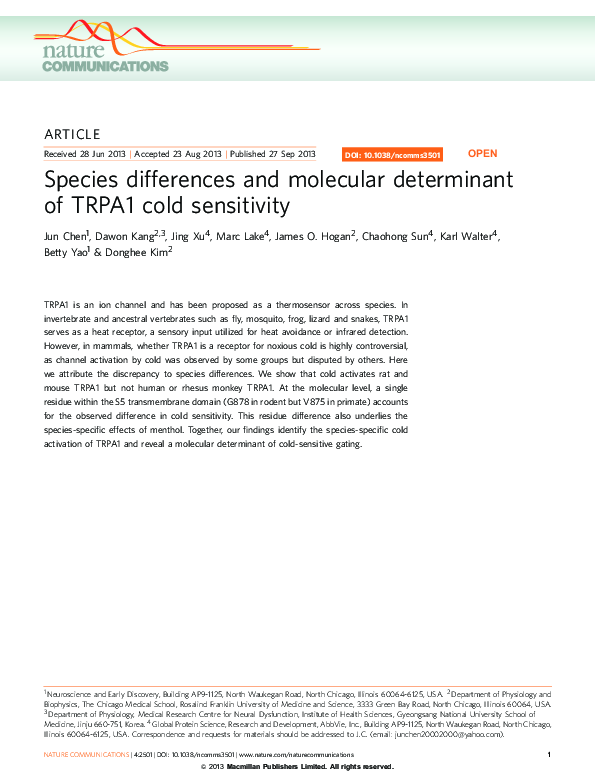 (PDF) Species differences and molecular determinant of TRPA1 cold ...