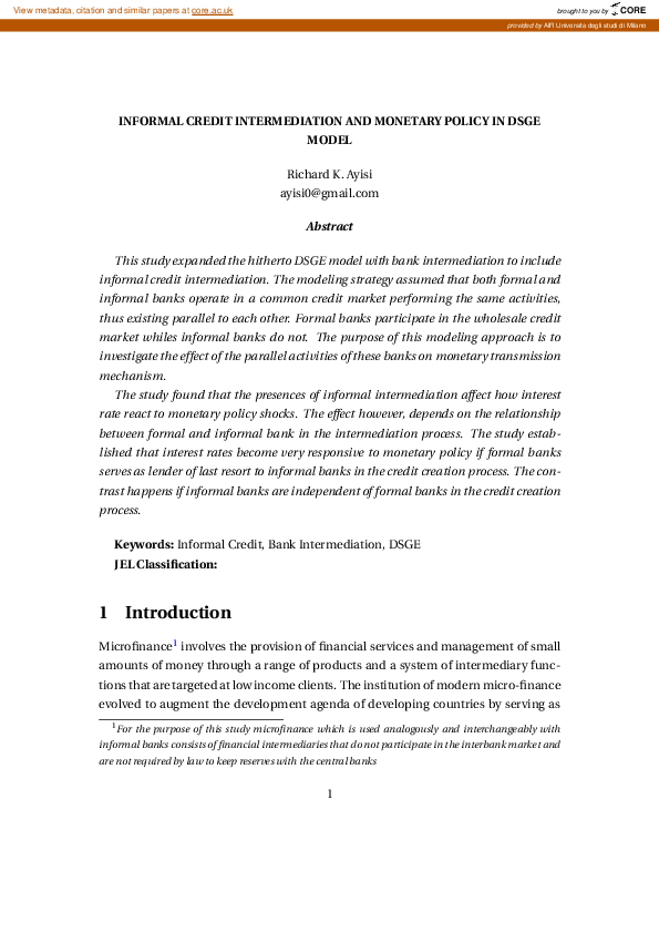 (PDF) Informal credit intermediation and monetary policy in DSGE model