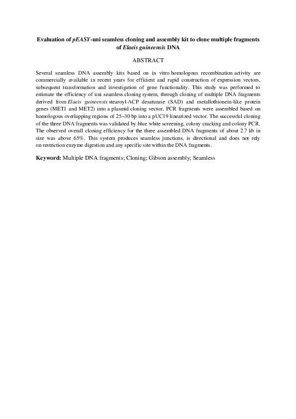 (PDF) Evaluation of pEASY Uni Seamless Cloning and Assembly Kit to clone multiple fragments of