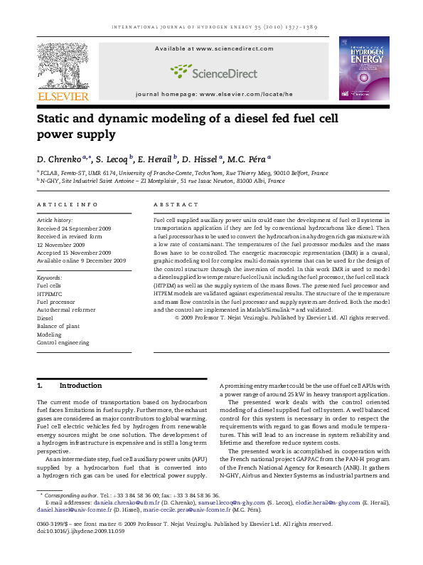 (PDF) Static and dynamic modeling of a diesel fed fuel cell power supply