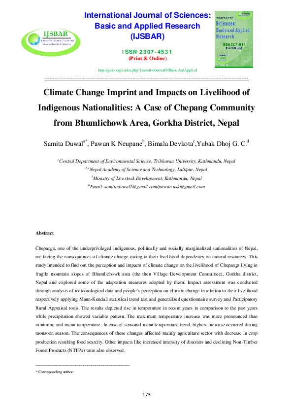 (PDF) Climate Change Imprint and Impacts on Livelihood of Indigenous ...