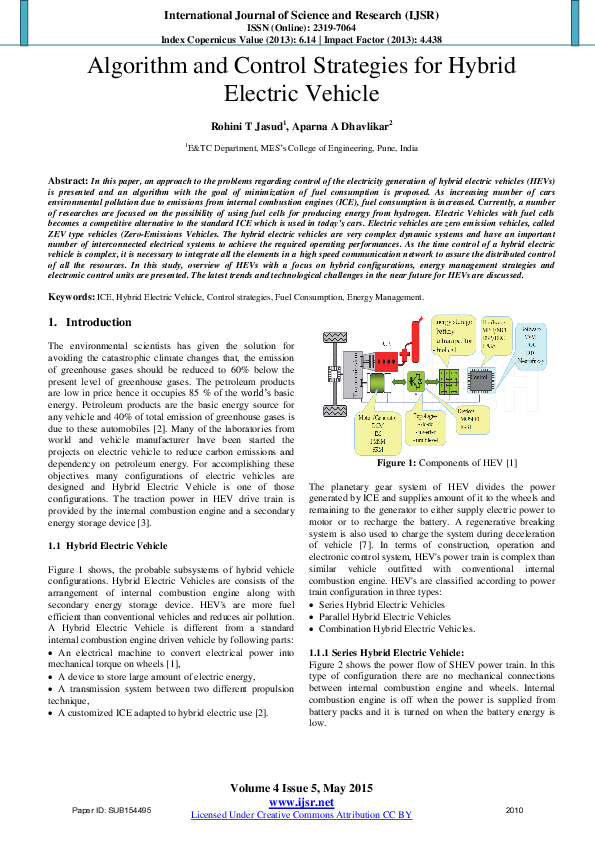 (PDF) Algorithm and Control Strategies for Hybrid Electric Vehicle