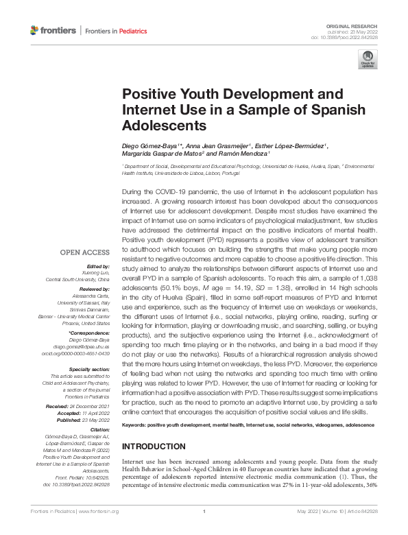 (PDF) Positive Youth Development and Internet Use in a Sample of ...