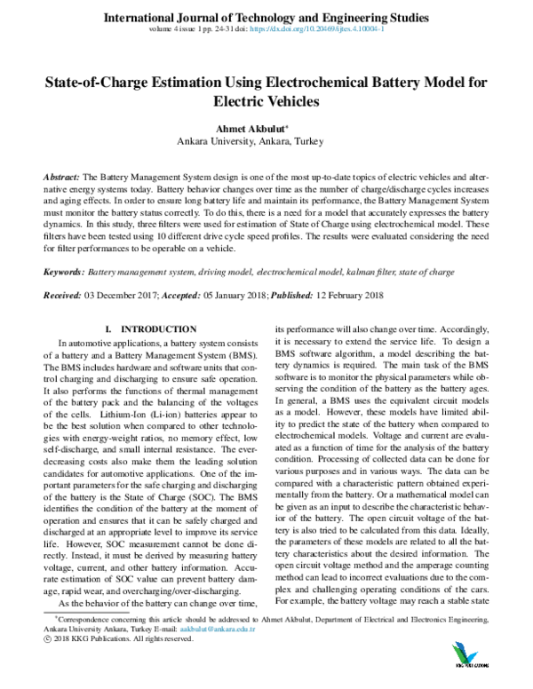 (PDF) StateofCharge Estimation Using Electrochemical Battery Model