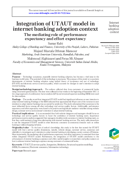(PDF) Integration of UTAUT model in internet banking adoption context