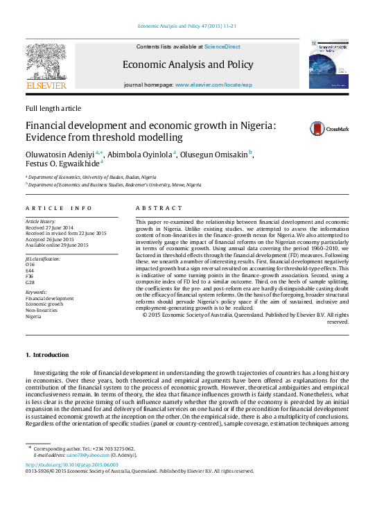 (PDF) Financial development and economic growth in Nigeria: Evidence ...