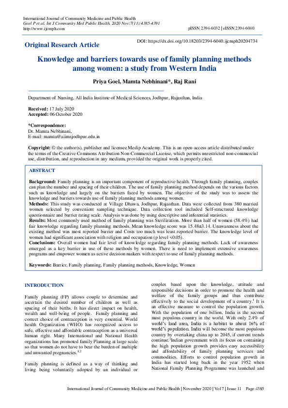 Pdf Knowledge And Barriers Towards Use Of Family Planning Methods