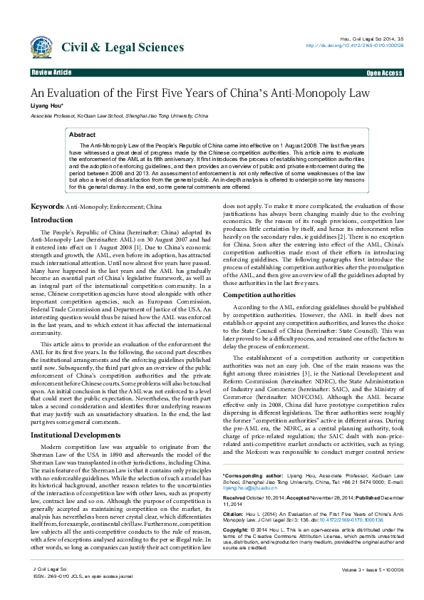 (PDF) An Evaluation of the First Five Years of China's Anti-Monopoly Law