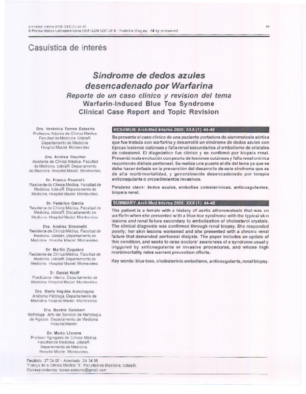 (PDF) Síndrome de dedos azules desencadenado por Warfarina. Reporte de ...