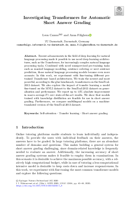 (PDF) Investigating Transformers for Automatic Short Answer Grading