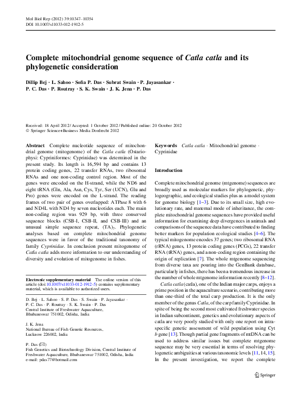 (PDF) Complete mitochondrial genome sequence of Catla catla and its ...