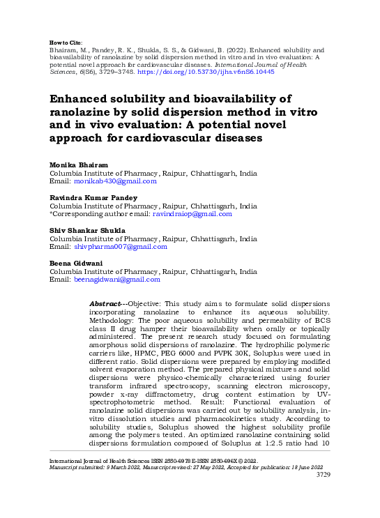 (PDF) Enhanced solubility and bioavailability of ranolazine by solid ...