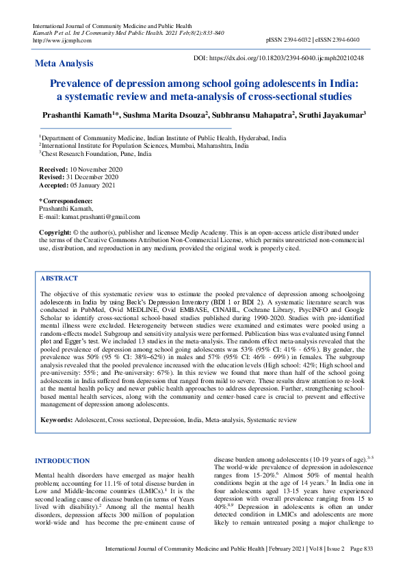 (PDF) Prevalence of depression among school going adolescents in India ...
