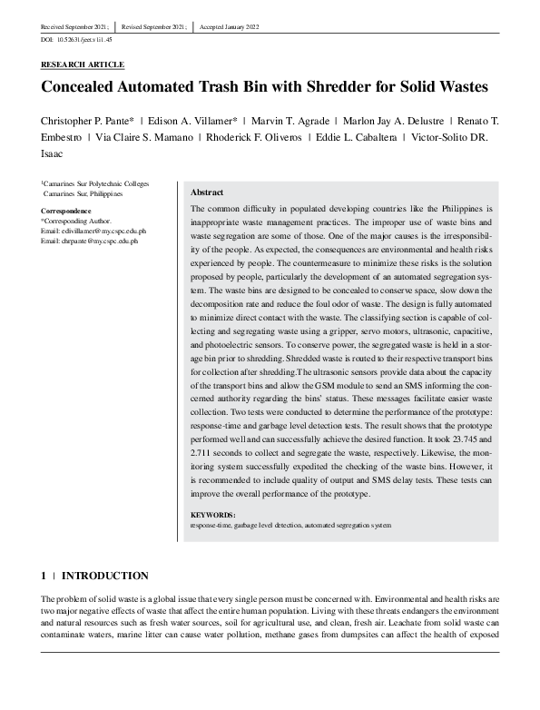 (PDF) Concealed Automated Trash Bin with Shredder for Solid Wastes