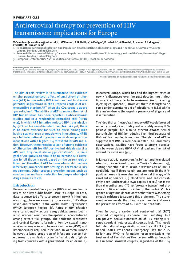 (PDF) Antiretroviral therapy for prevention of HIV transmission ...