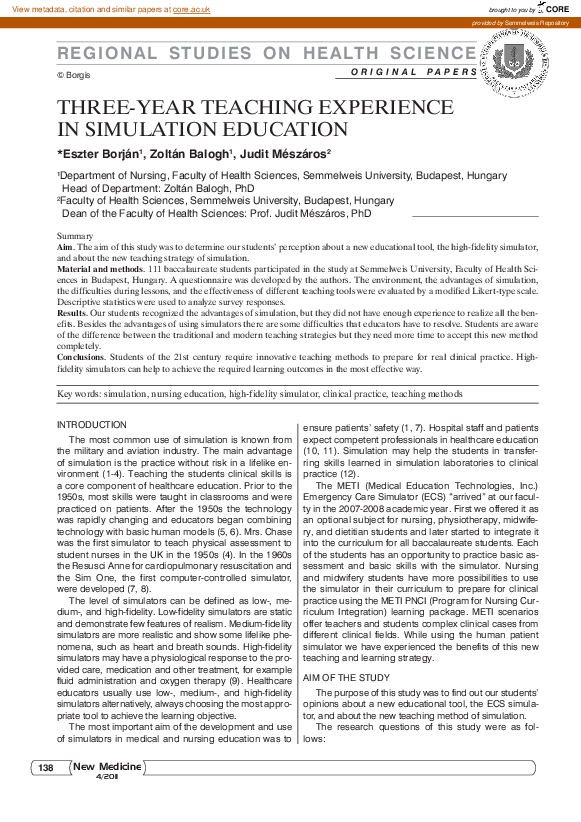 (PDF) Three-year teaching experience in simulation education | Eszter ...