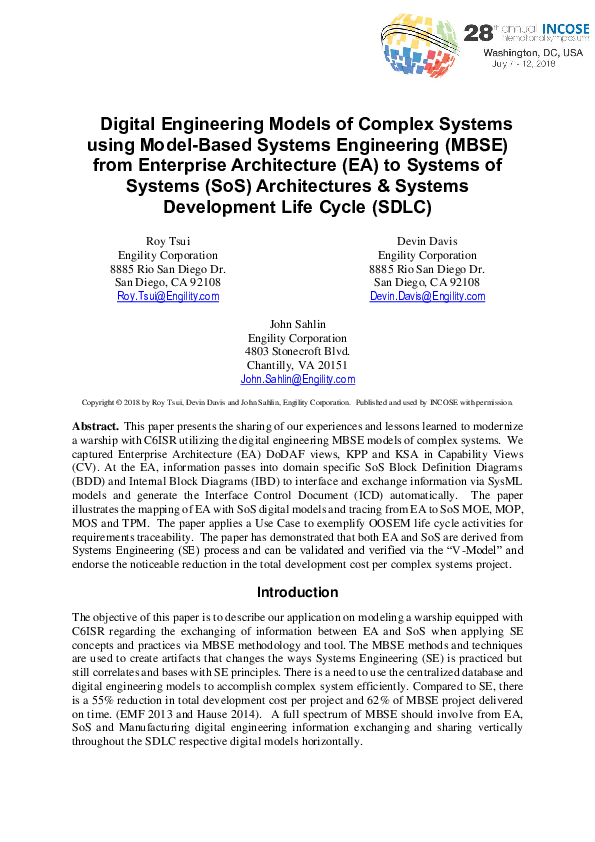 (PDF) Digital Engineering Models of Complex Systems using ModelBased