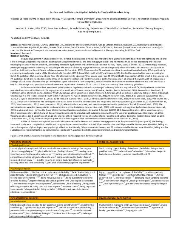 (PDF) Barriers and Facilitators to Physical Activity for Youth With ...
