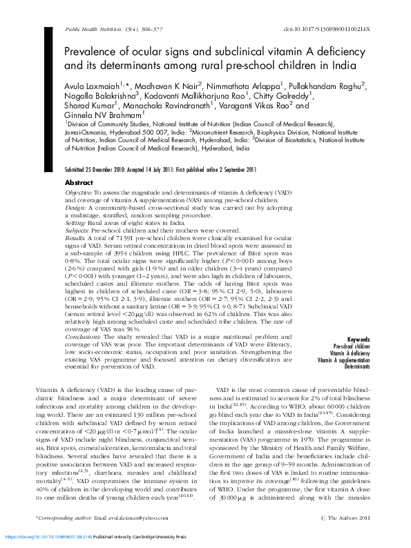 (PDF) Prevalence of ocular signs and subclinical vitamin A deficiency ...