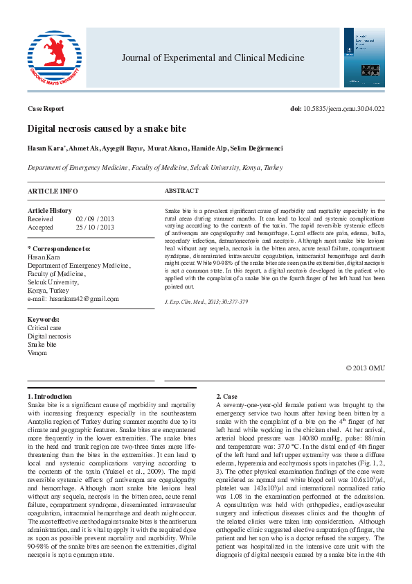 (PDF) Digital necrosis caused by a snake bite Prof. Dr. Hasan Kara