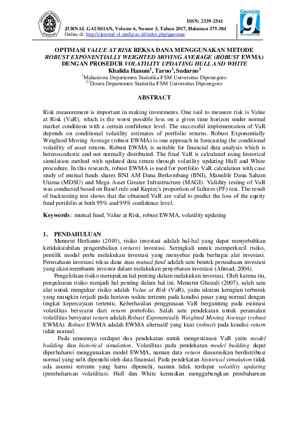  PDF Optimasi Value At Risk Reksa Dana Menggunakan Metode Robust