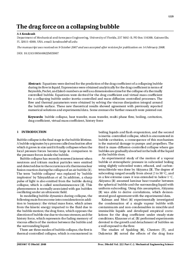 (PDF) The drag force on a collapsing bubble