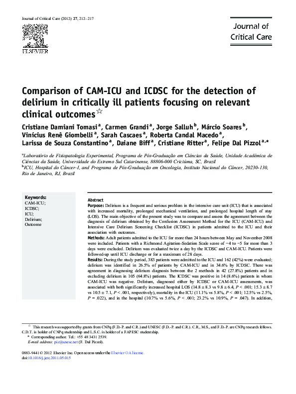(PDF) Comparison of CAM-ICU and ICDSC for the detection of delirium in ...