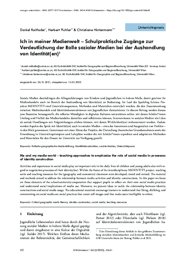 Ich in meiner Medienwelt – Schulpraktische Zugänge zur Verdeutlichung der Rolle sozialer Medien bei der Aushandlung von Identität(en)
