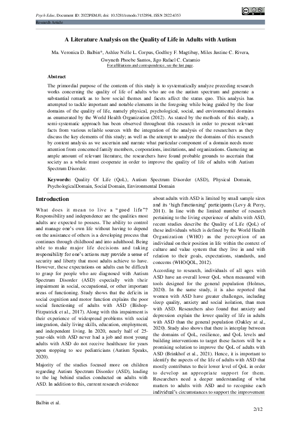 (PDF) A Literature Analysis on the Quality of Life in Adults with Autism