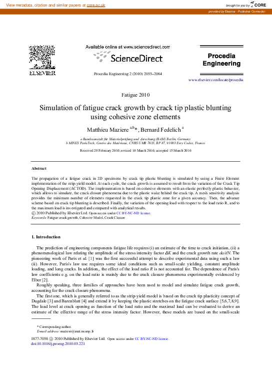 Pdf Simulation Of Fatigue Crack Growth By Crack Tip Plastic Blunting