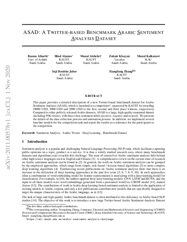 (PDF) ASAD: A Twitter-based Benchmark Arabic Sentiment Analysis Dataset