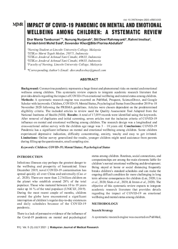 (PDF) Impact of COVID-19 Pandemic on Mental and Emotional Wellbeing ...