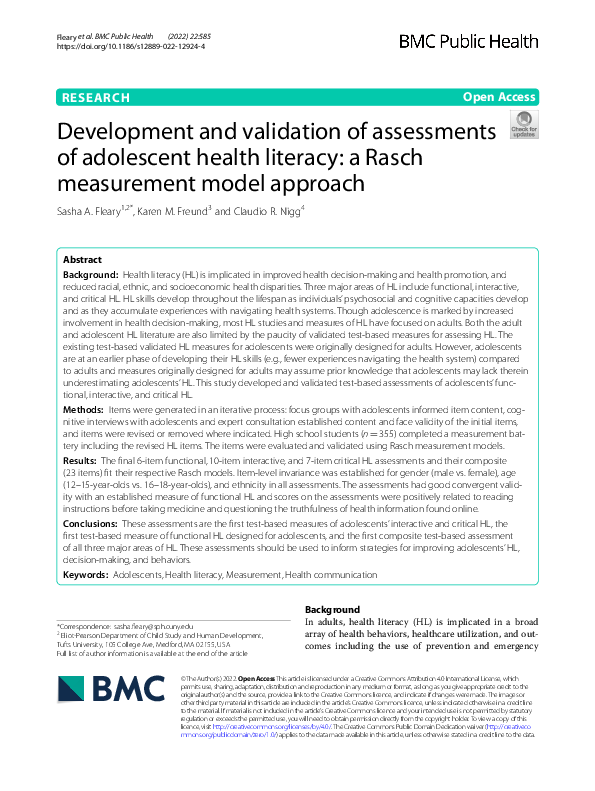 (PDF) Development and validation of assessments of adolescent health ...