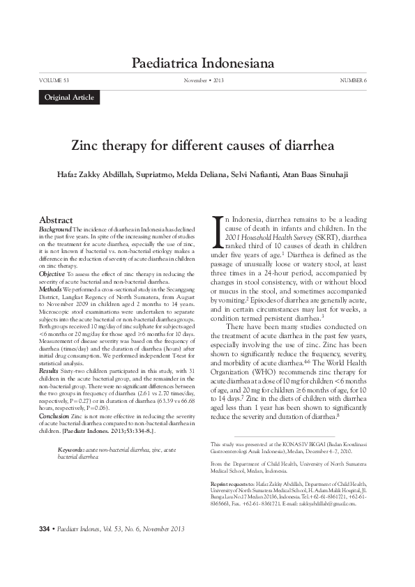 (PDF) Zinc therapy for different causes of diarrhea Selvi Nafianti