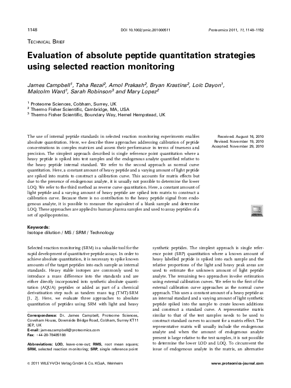 (PDF) Evaluation of absolute peptide quantitation strategies using ...