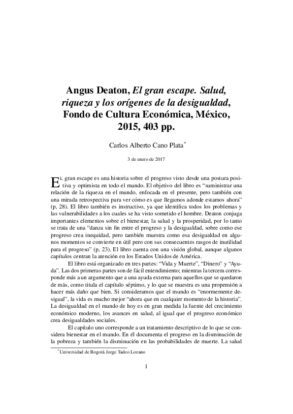 (PDF) Angus Deaton, El Gran Escape, salud, riqueza y los orígenes de la