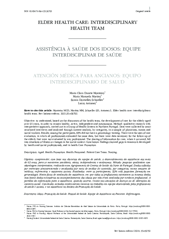 (PDF) Elder Health Care: Interdisciplinary Health Team Assistência À ...