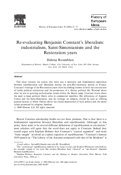 (PDF) Re-evaluating Benjamin Constant's liberalism: industrialism ...