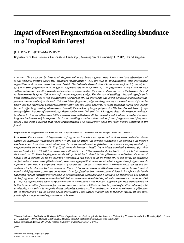 (PDF) Impact of Forest Fragmentation on Seedling Abundance in a ...