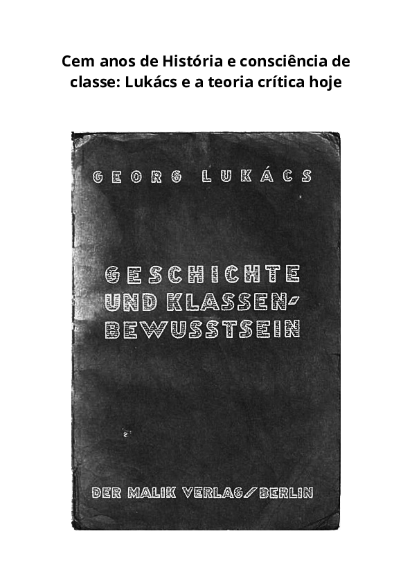 (PDF) CfP The centennial of History and Class Consciousness Lukács