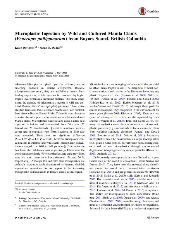 (PDF) Microplastic Ingestion by Wild and Cultured Manila Clams ...
