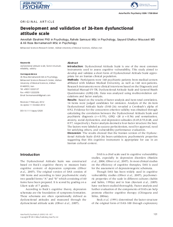 (PDF) Development and validation of 26-item dysfunctional attitude scale