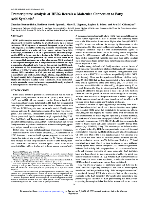 (PDF) Transcriptome Analysis of HER2 Reveals a Molecular Connection to ...